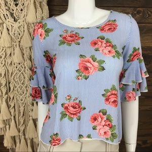 Free Kisses | Ruffle Bell‎ Sleeve Floral Striped Blouse